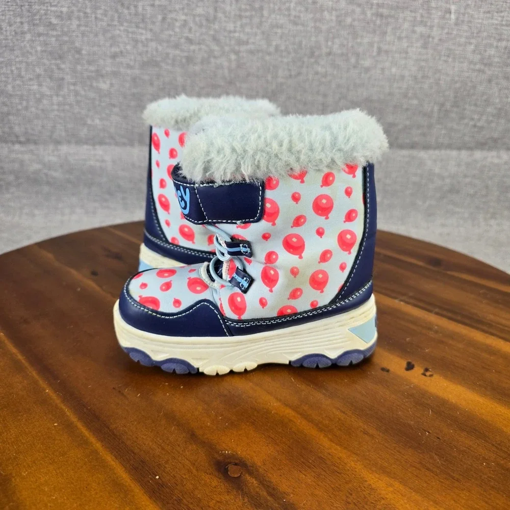 Bluey Bingo Kids Winter Snow Boots Blue Red Balloon Print Faux Fur Sz 7 36112035